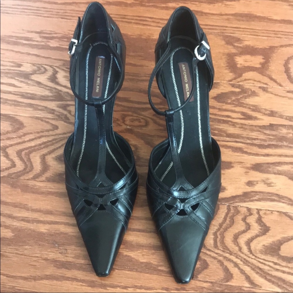 Antonio Melani Black Pointy T-Strap Heels Sz 7m